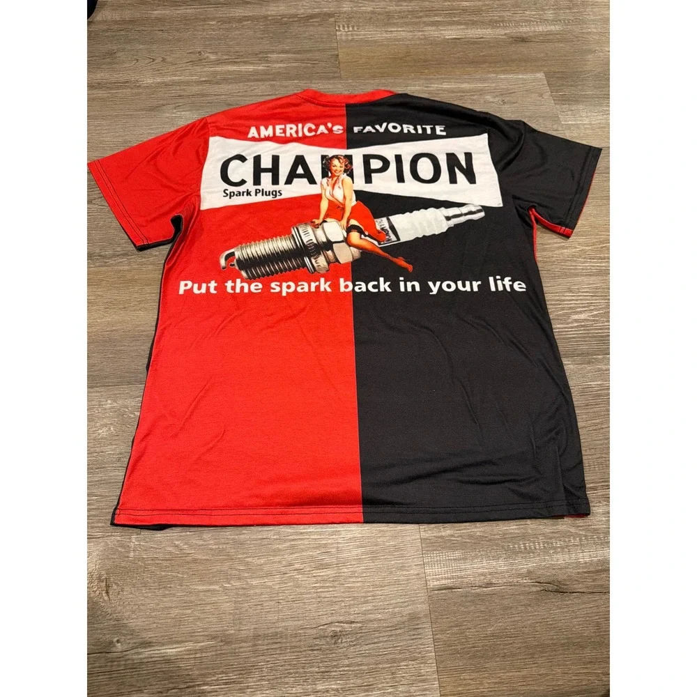 Champion Spark Plugs Pinup Girl Graphic Tee Red Black Split Shirt Mens Large